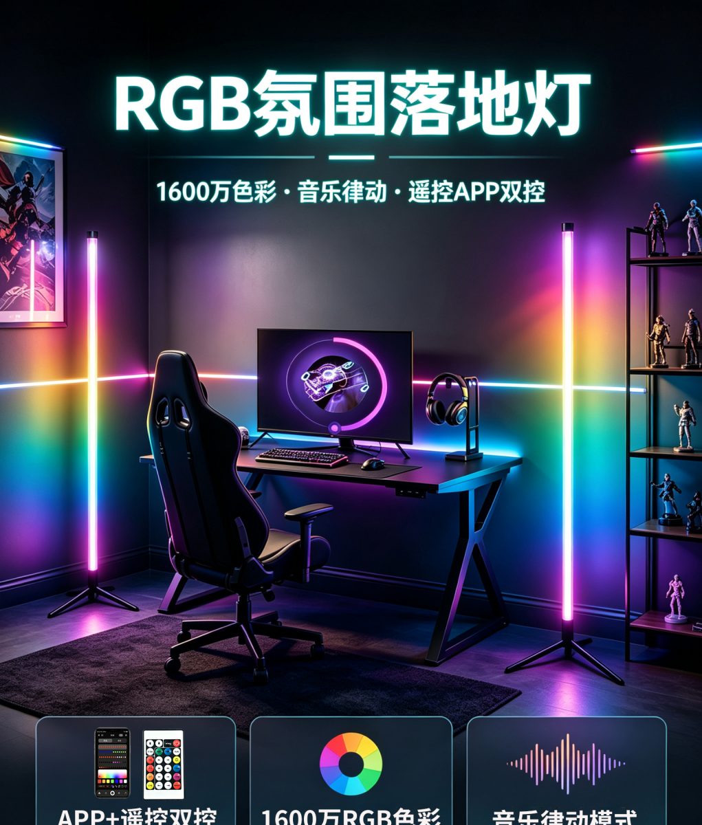 RGB Color Changing LED Floor Lamp Gaming Room Smart Mood Light APP Control